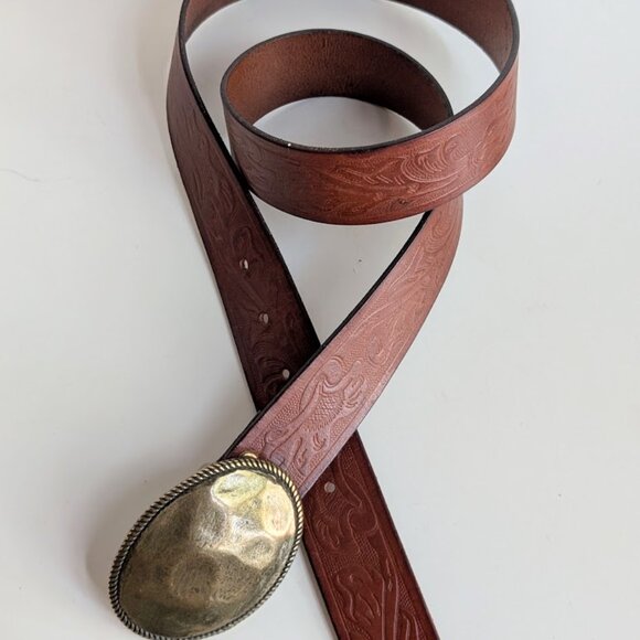 J. Crew Genuine Italian Leather Belt Brown Embossed Brass Buckle Sz:M - Picture 3 of 10